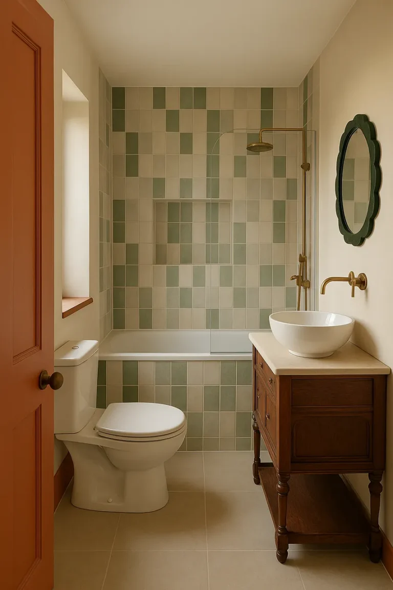 Renovated bathroom with green-and-off-white striped tile and a wooden cabinet converted into a vanity