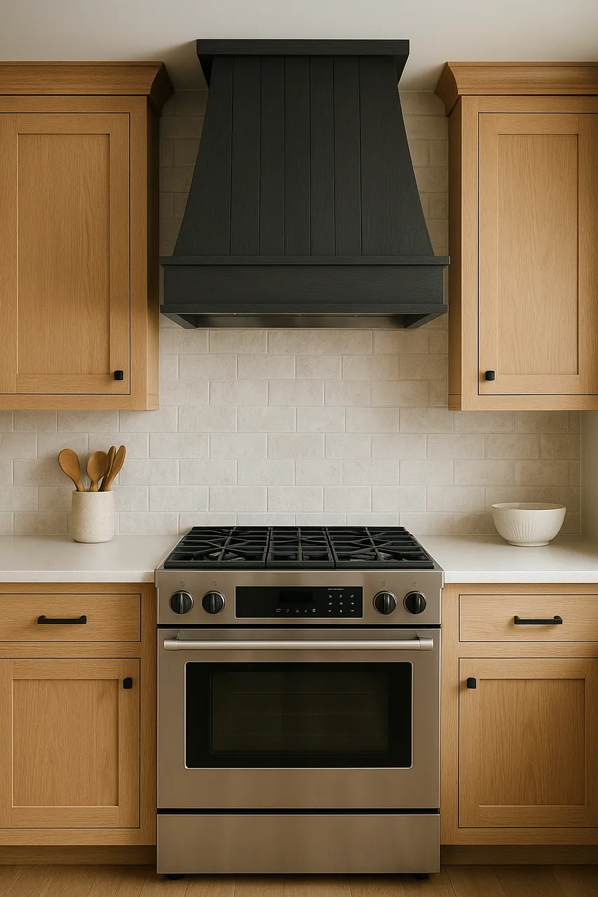 Charcoal range hood framed by white oak cabinets above a stainless steel range