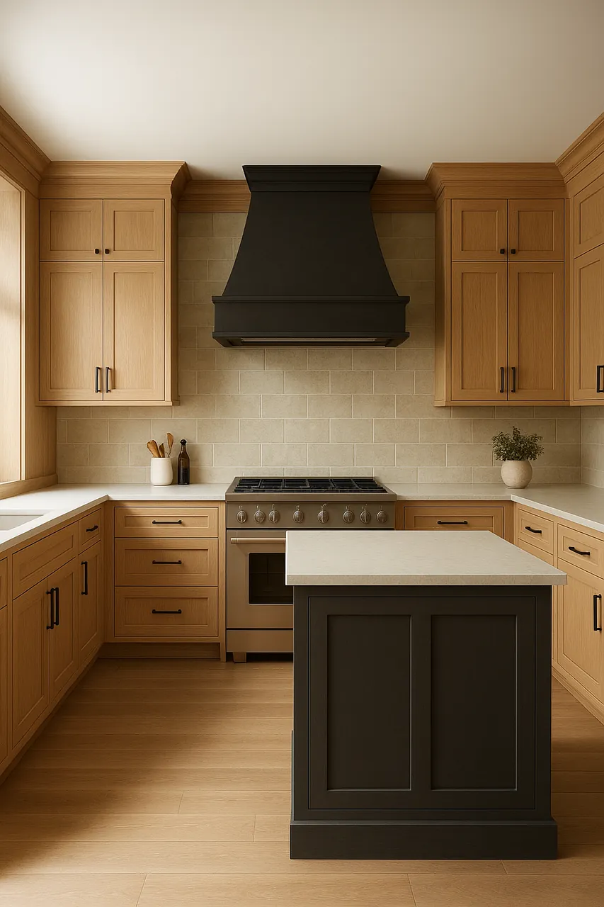 White oak kitchen with a charcoal range hood and matching island
