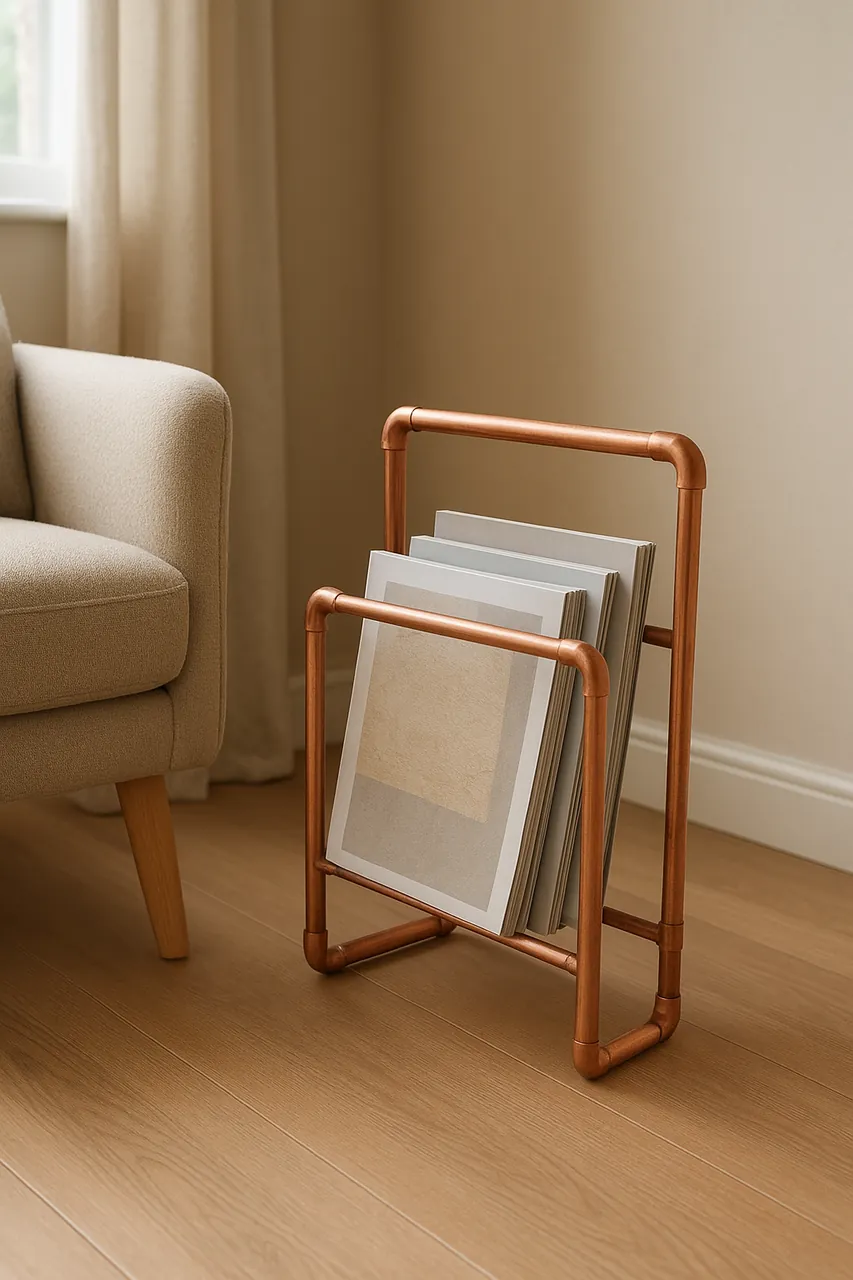 Open copper pipe magazine rack holding magazines beside a reading chair