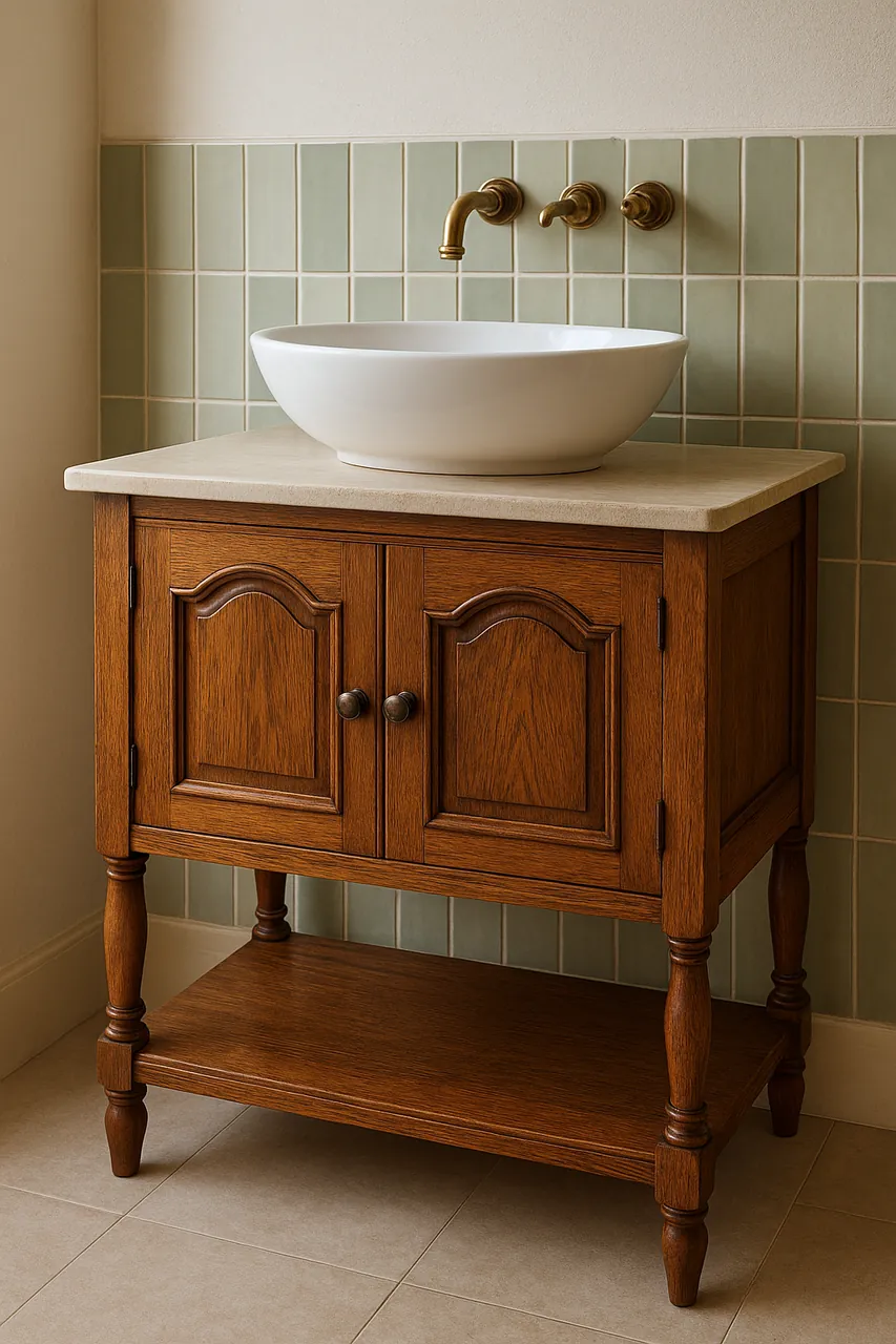 Restored record-player cabinet with carved doors, stone top and vessel sink
